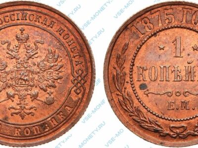 Медная монета 1 копейка 1875 года