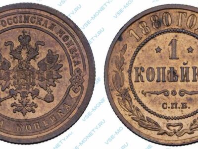Медная монета 1 копейка 1880 года