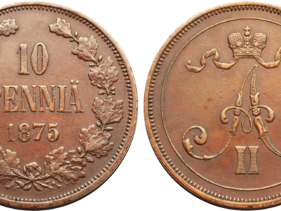 Медная монета русской Финляндии 10 пенни 1875 года