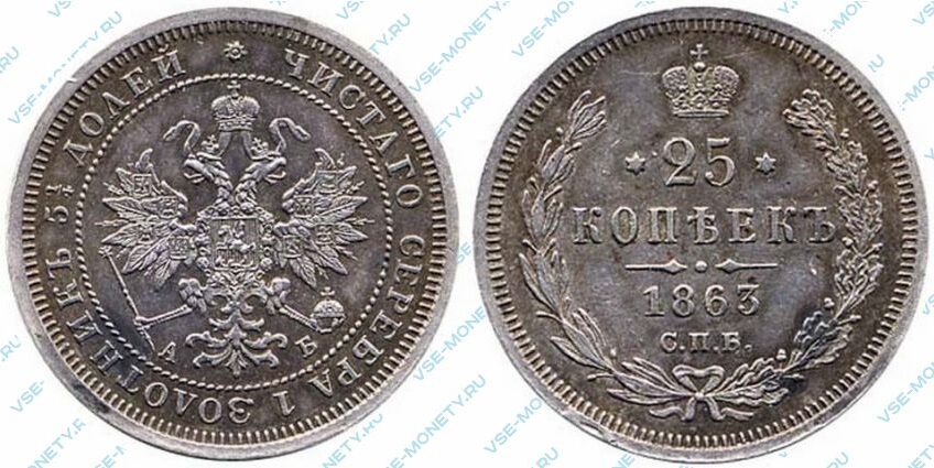 Серебряная монета 25 копеек 1863 года