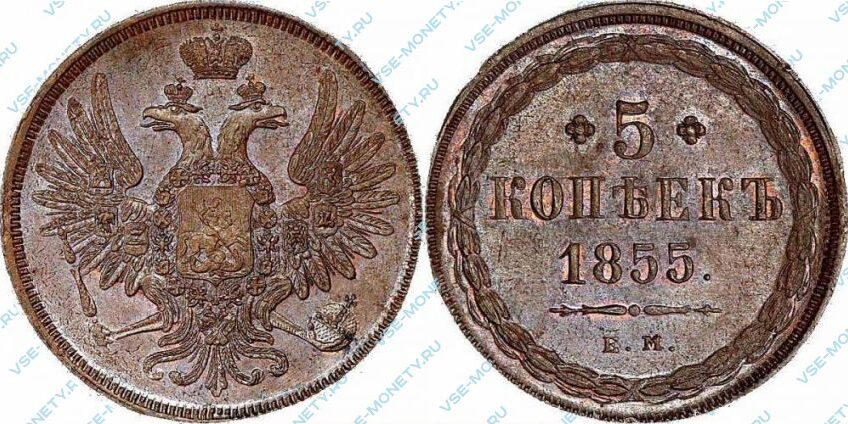 Медная монета 5 копеек 1855 года