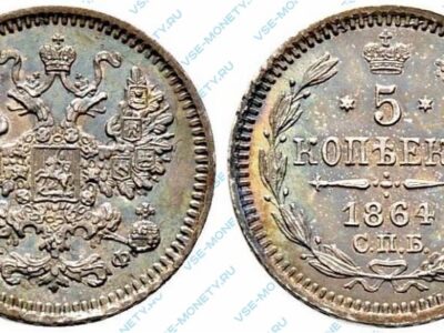 Серебряная монета 5 копеек 1864 года