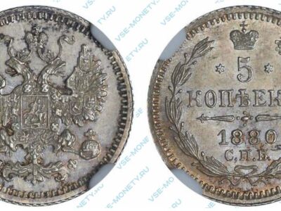 Серебряная монета 5 копеек 1880 года