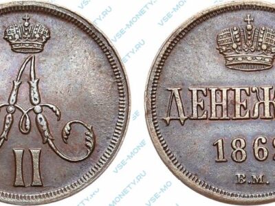 Медная монета денежка 1862 года