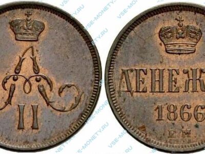 Медная монета денежка 1866 года