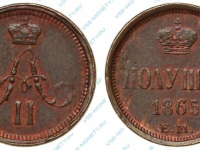 Медная монета полушка 1865 года