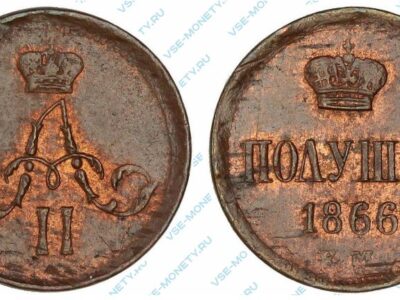 Медная монета полушка 1866 года