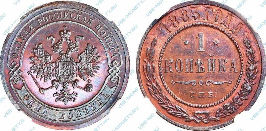 Медная монета 1 копейка 1883 года