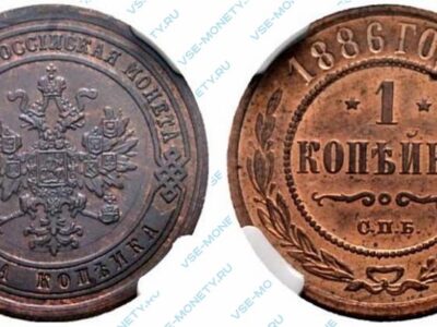 Медная монета 1 копейка 1886 года