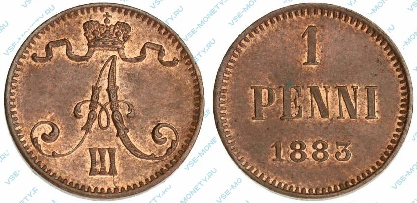 Медная монета русской Финляндии 1 пенни 1883 года