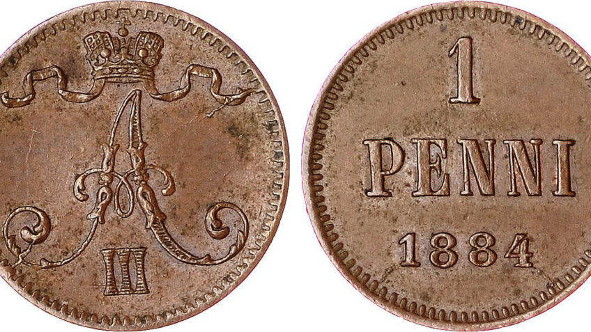 Медная монета русской Финляндии 1 пенни 1884 года