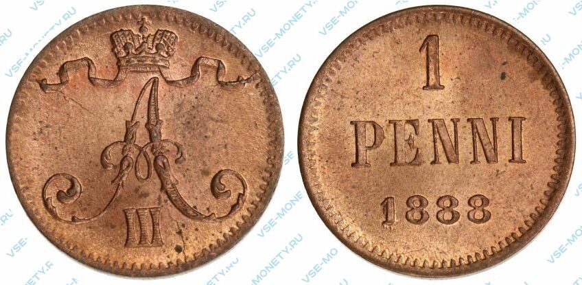 Медная монета русской Финляндии 1 пенни 1888 года