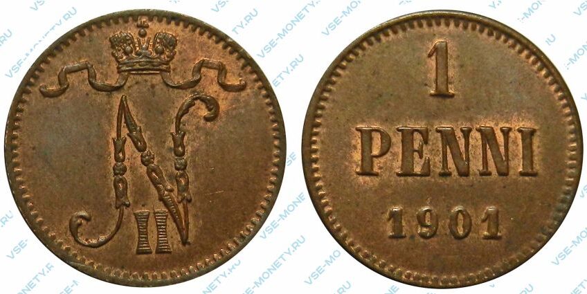 Медная монета русской Финляндии 1 пенни 1901 года