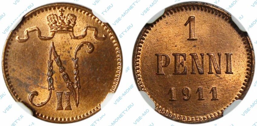 Медная монета русской Финляндии 1 пенни 1911 года