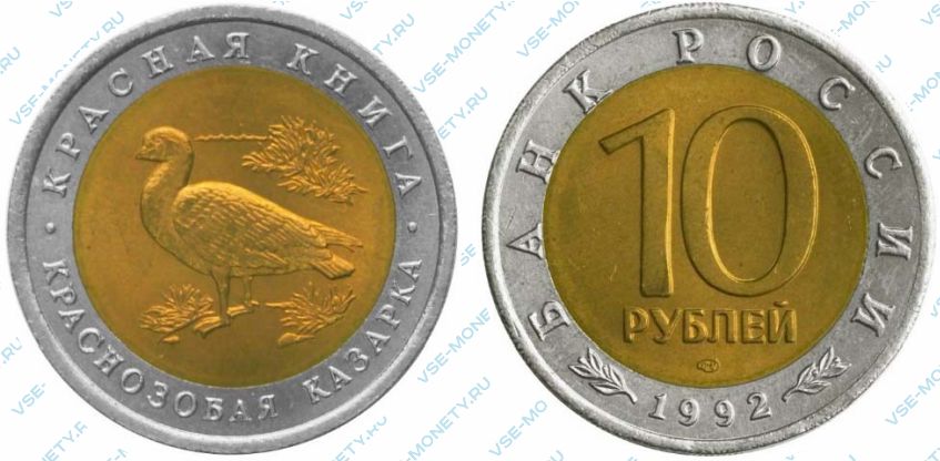 10 рублей 1992 года "Краснозобая казарка" серии "Красная книга"
