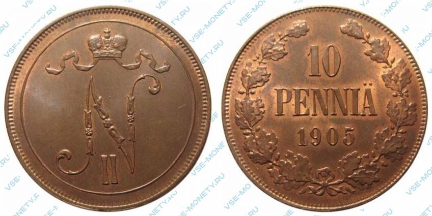 Медная монета русской Финляндии 10 пенни 1905 года