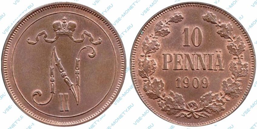 Медная монета русской Финляндии 10 пенни 1909 года