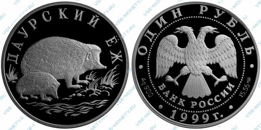 Памятная серебряная монета 1 рубль 1999 года «Даурский ёж» серии «Красная книга»