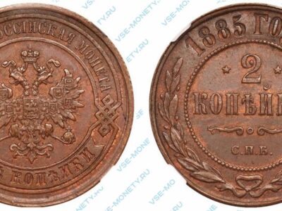 Медная монета 2 копейки 1885 года