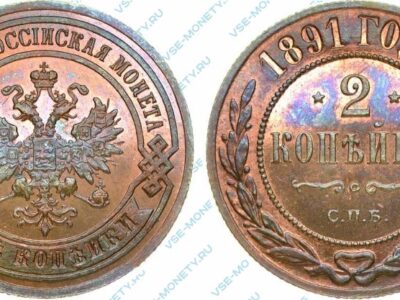 Медная монета 2 копейки 1891 года