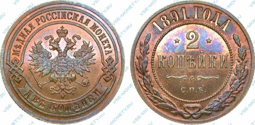 Медная монета 2 копейки 1891 года