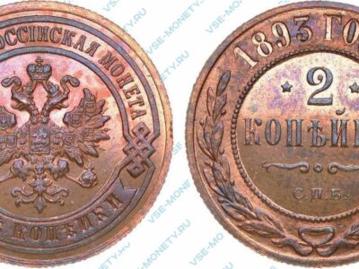 Медная монета 2 копейки 1893 года