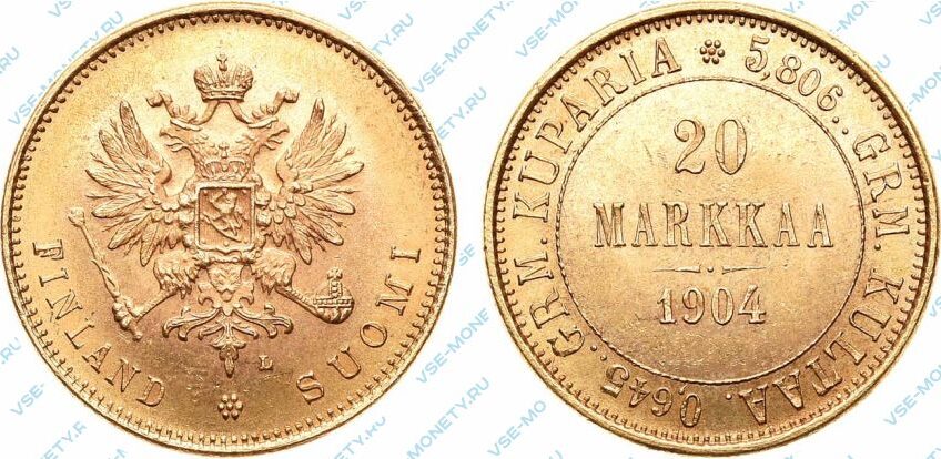 Золотая монета русский Финляндии 20 марок 1904 года