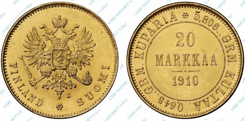 Золотая монета русской Финляндии 20 марок 1910 года