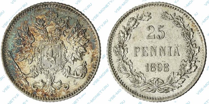 Серебряная монета русской Финляндии 25 пенни 1898 года