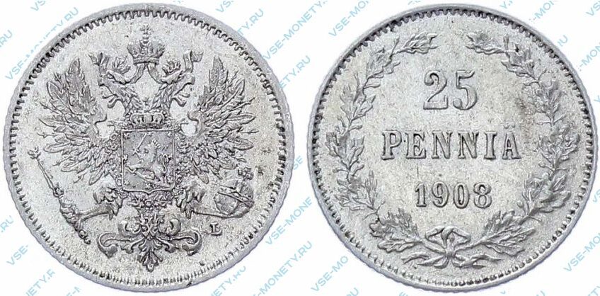 Серебряная монета русской Финляндии 25 пенни 1908 года