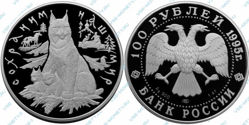 Памятная серебряная монета 100 рублей 1995 года «Рысь» серии «Сохраним наш мир»