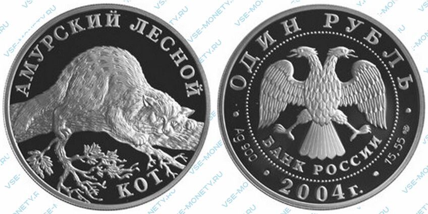 Юбилейная серебряная монета 1 рубль 2004 года «Амурский лесной кот» серии «Красная книга»