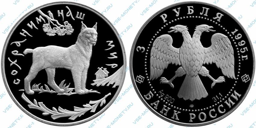 Памятная серебряная монета 3 рубля 1995 года «Рысь» серии «Сохраним наш мир»