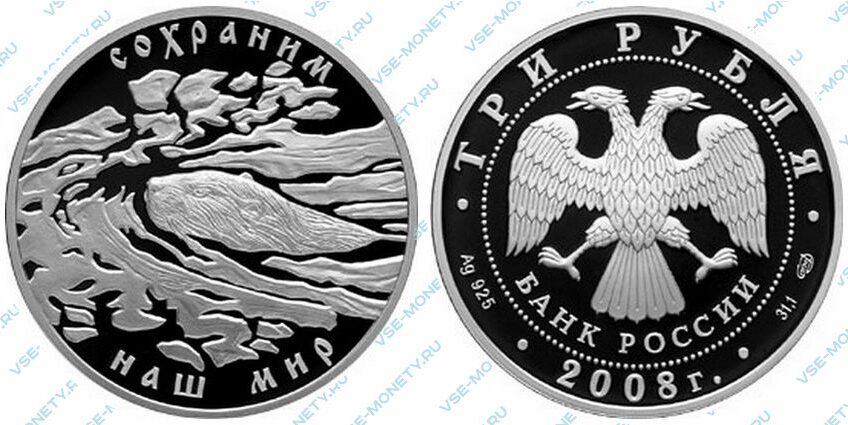 Юбилейная серебряная монета 3 рубля 2008 года «Речной бобр» серии «Сохраним наш мир»