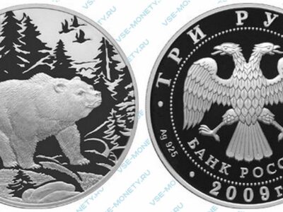 Юбилейная серебряная монета 3 рубля 2009 года «Медведь» серии «Животный мир стран ЕврАзЭС»