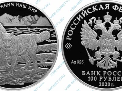 Юбилейная серебряная монета 100 рублей 2020 года «Полярный волк» серии «Сохраним наш мир»